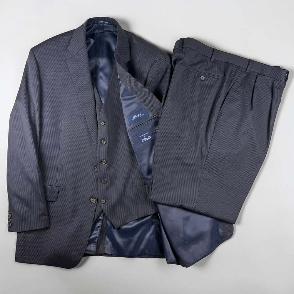 Ralph Lauren 3 Piece Suit Mens 48L Navy Pinstripe Wool Jacket Vest Pants 40W